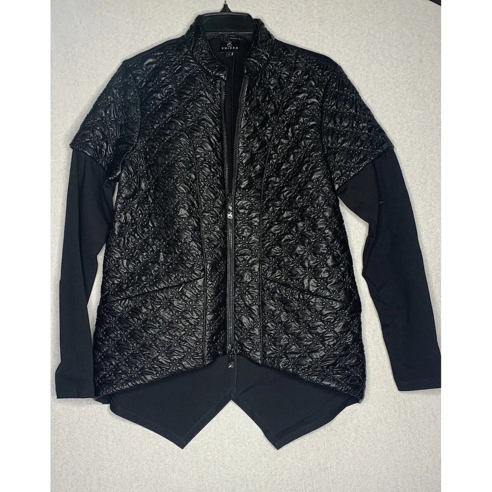 Snider Quilted Mixed Media Jacket Womens Small Black High Low Zip Avant Garde